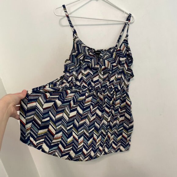 TORRID 3 Plus Size Chevron Print Challis Ruffle Babydoll Top Blue White Boho 3X - Picture 11 of 16